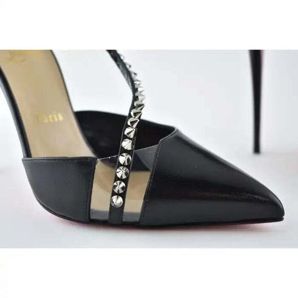 Christian Louboutin Spike Cross 100 Black PVC Silver Criss Strap Heel Pump 35.5 - Picture 5 of 12